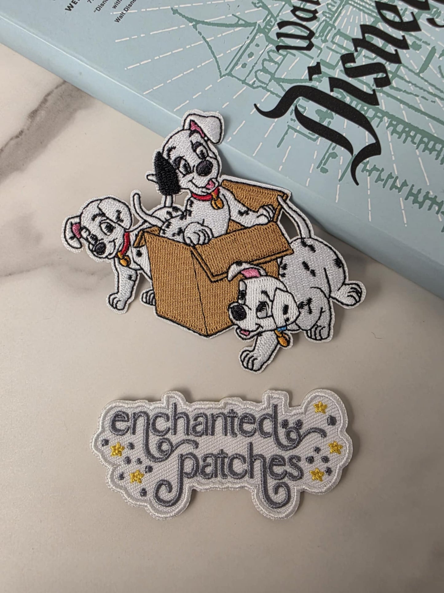 4" Happiest Park Dalmatian Puppies in Box Embroidered Iron On Patch