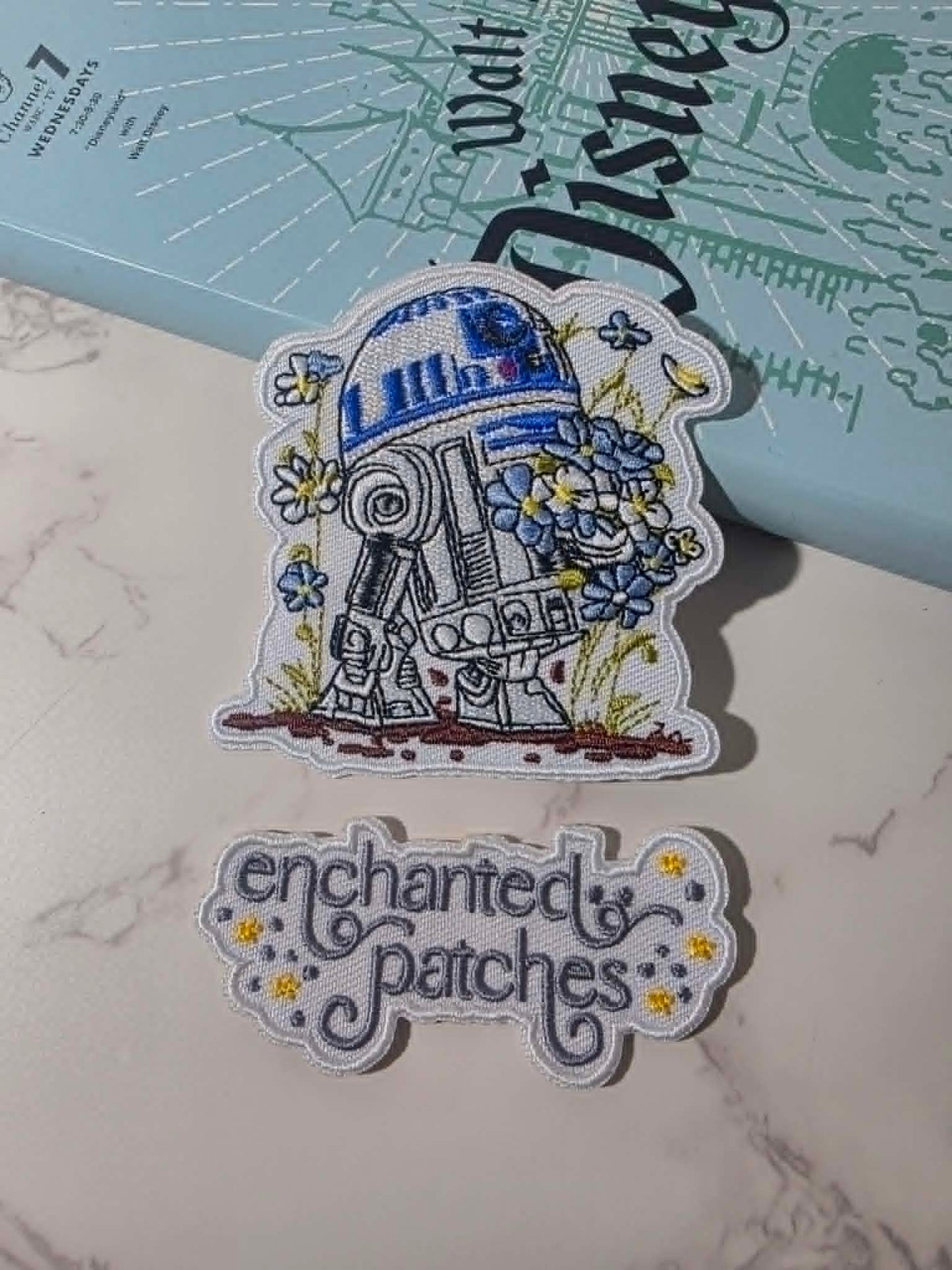 RESTOCKED - 3" SW Star Galaxy Blue Robot Droid with Flowers Iron on Patch