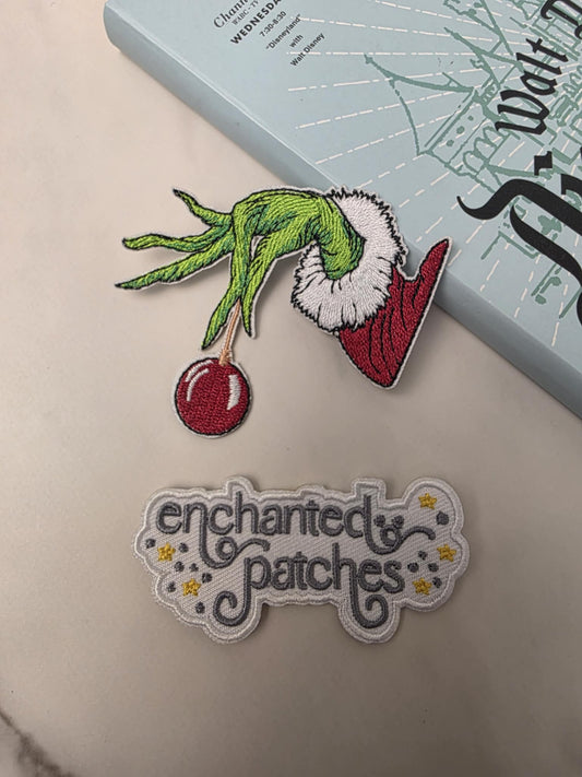 3" Green Grinch Christmas Holiday Monster Hands Holding Ornament Embroidered Iron On Patch