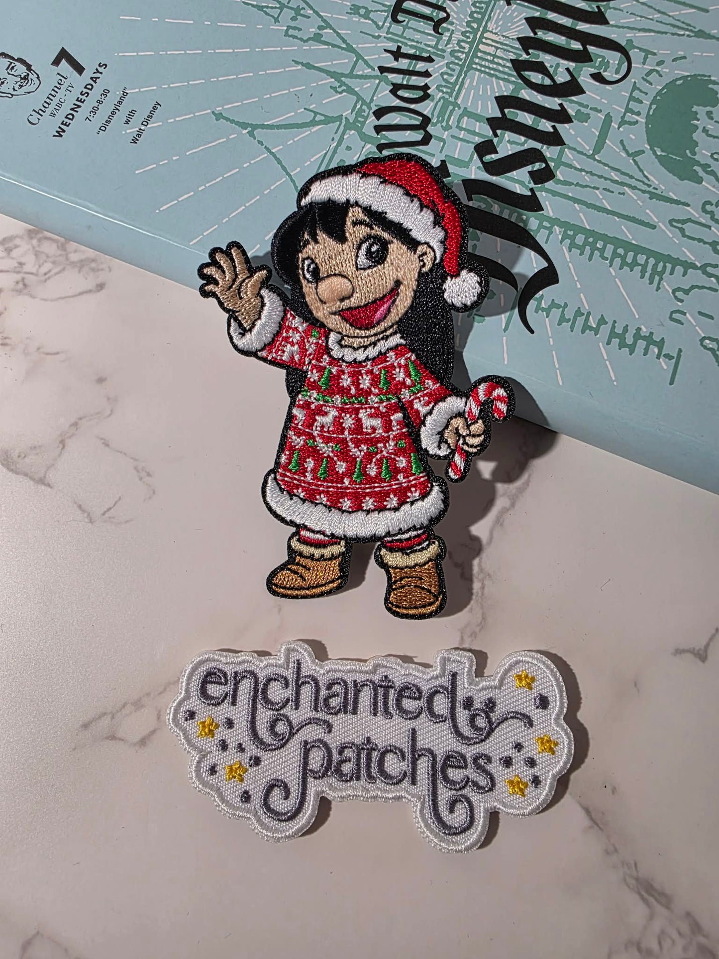 3.5" Blue Alien's Friend Lilo in Christmas Sweater and Santa Hat Embroidered Iron On Patch