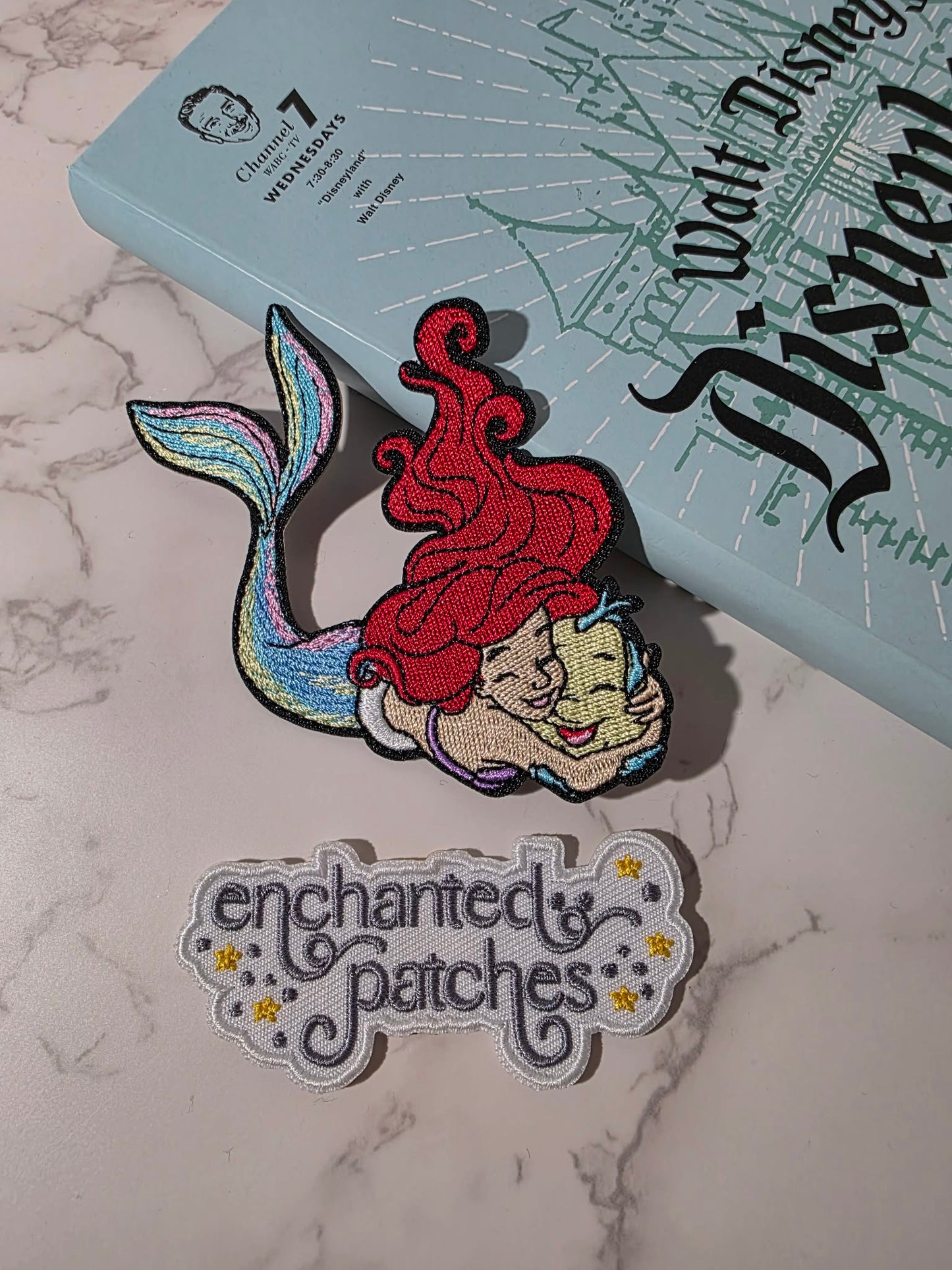 3" Mermaid Princess Hugging Fish Friend Embroidered Iron On Patch