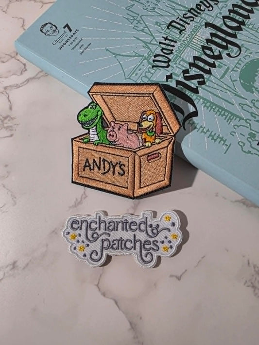 LAST FIVE - 3" Toy Story Dino Rex Pig Slinky Dog in Andy's Box Embroidered Iron On Patch