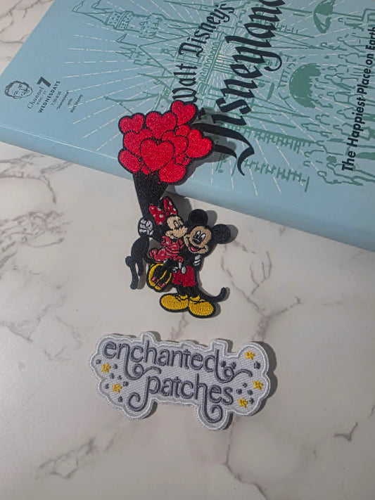 NEW DROP - 4" Mickey and Minnie Valentine Heart Balloons Embroidered Iron On Patch