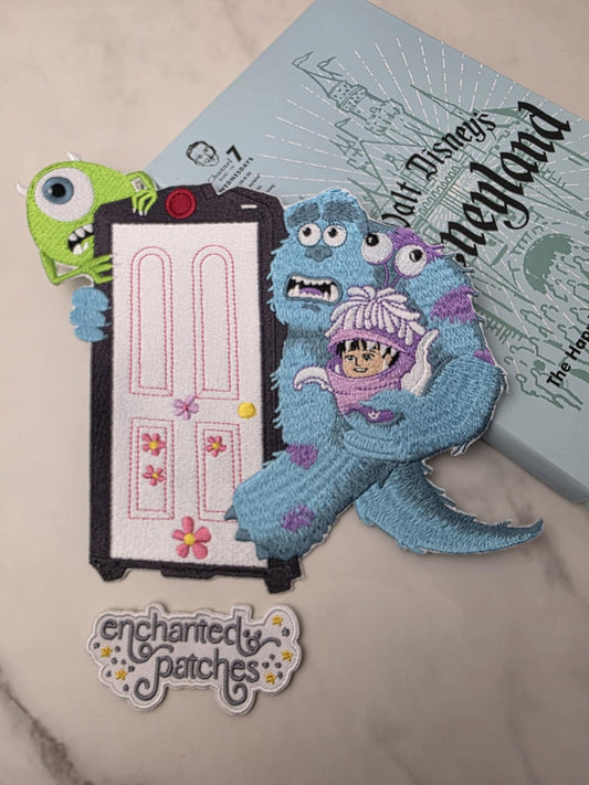 OOPSIE - 9" XL Monsters Little Girl Blue and Green Monster on Door Embroidered Iron On Patch