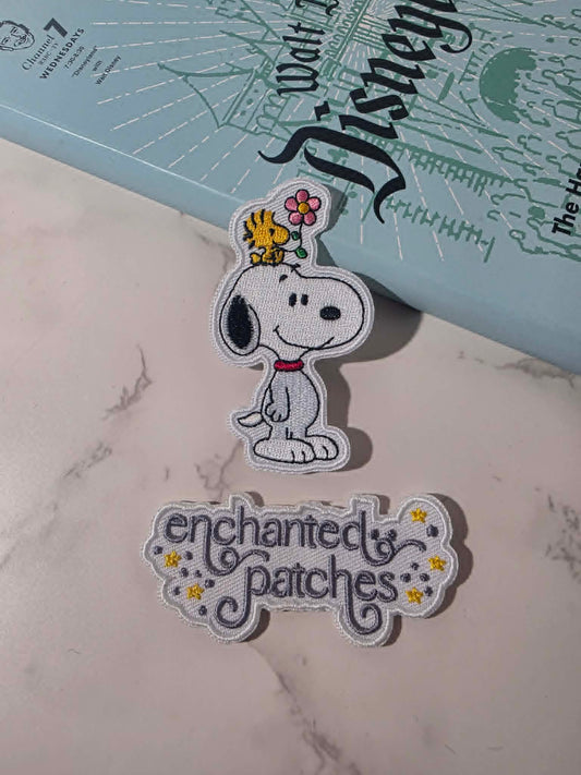 NEW DROP - 3" Beagle Dog with Woodstock Flower on Head Embroidered Iron On Patch