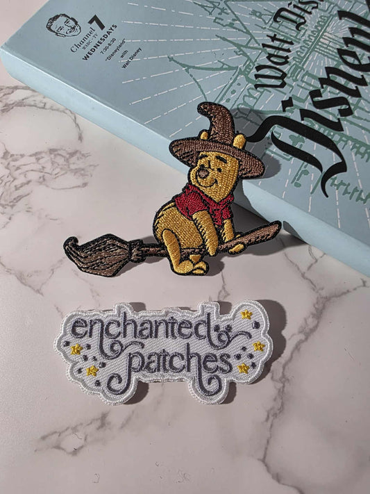 LOW IN STOCK - 4" Winnie the Pooh Happiest Park Halloween Broom Witch Embroidered Iron On Patch