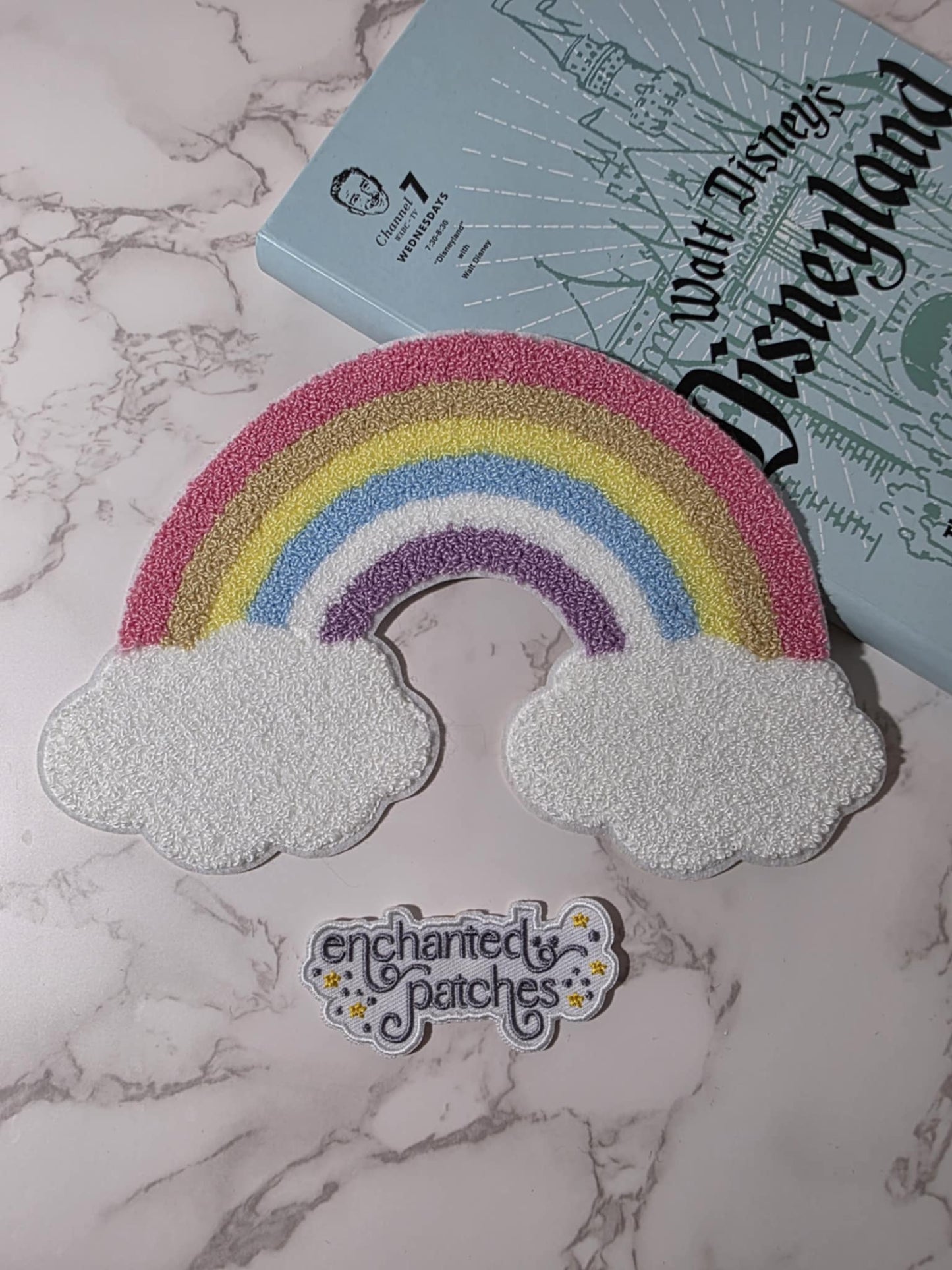 CLEARANCE - XL 8" Happiest Park Chenille Fuzzy Pastel Rainbow with Clouds Iron On Patch
