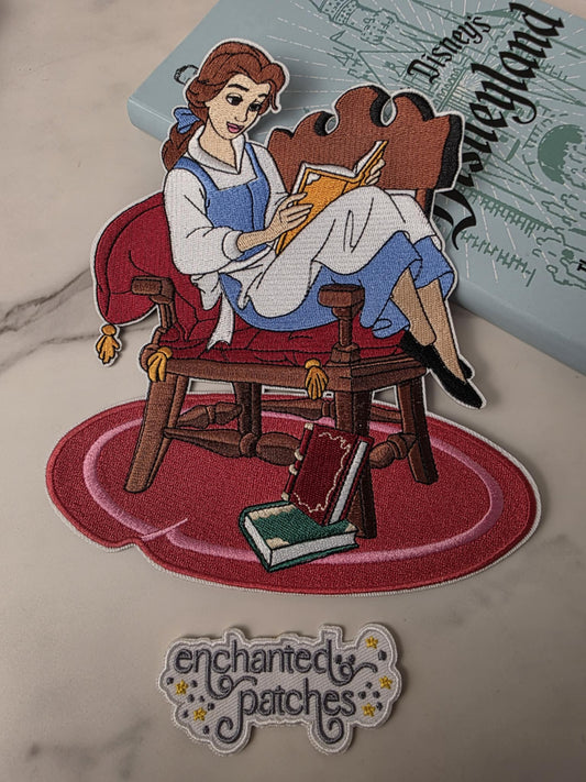 8" XL Reading Princess in Chair Embroidery Iron On Patch