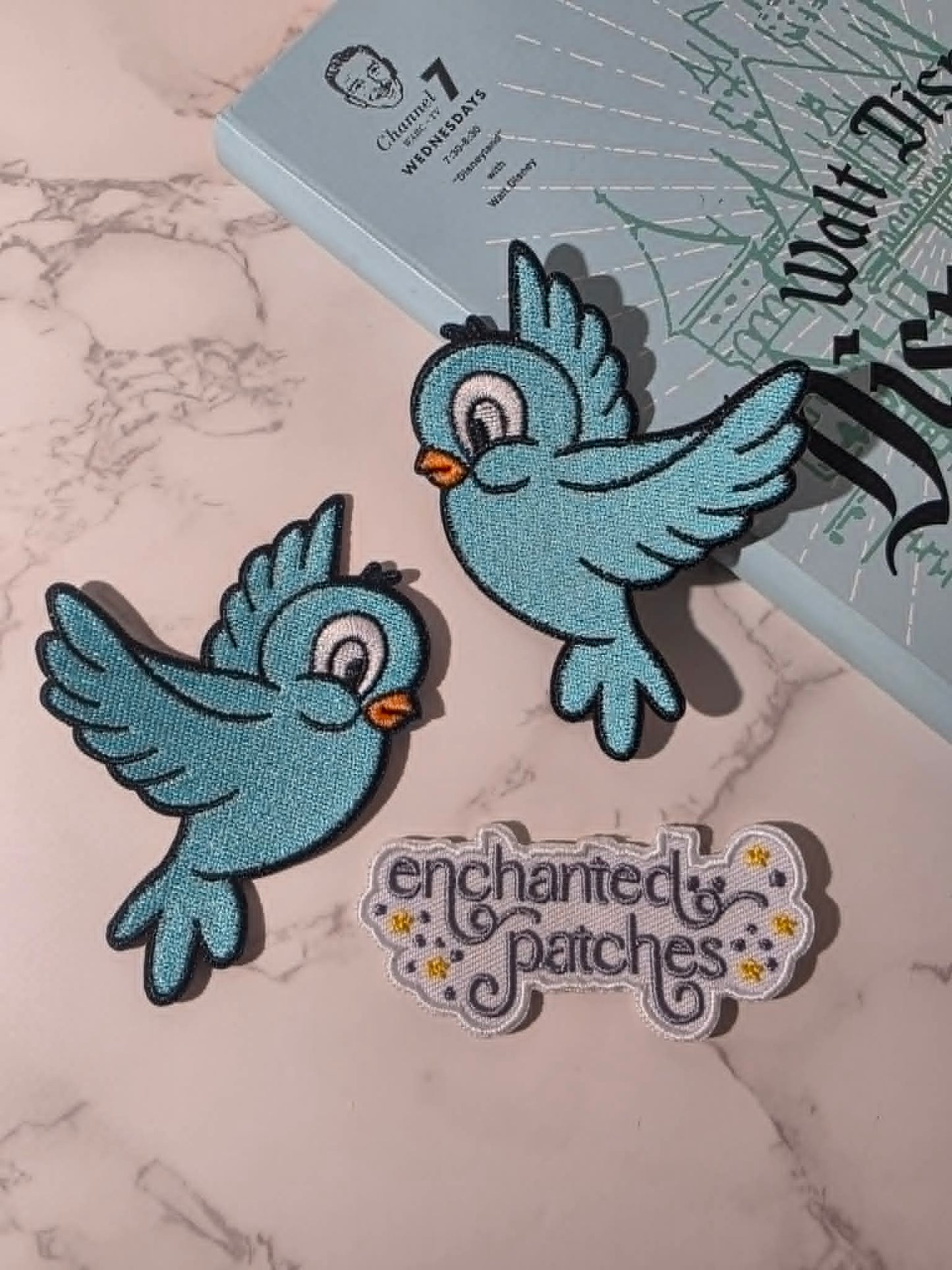 2pc Set - 3" Facing Right and Left Princess Blue Birds Iron On Patch
