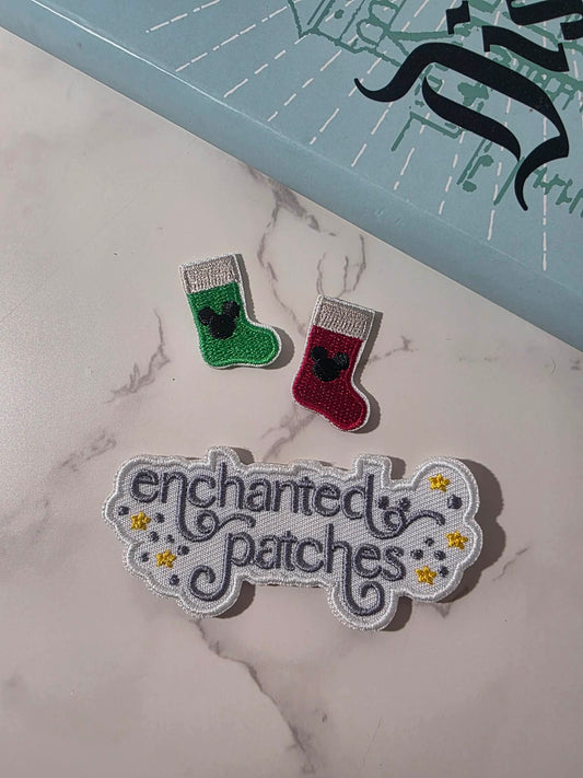 2pc - 1" Mini Red and Green Christmas Stockings Embroidered Iron On Patch
