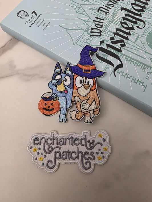 LOW IN STOCK - 3" Halloween Trick or Treater Blue Heeler Dog Sister Pumpkin Iron On Patch
