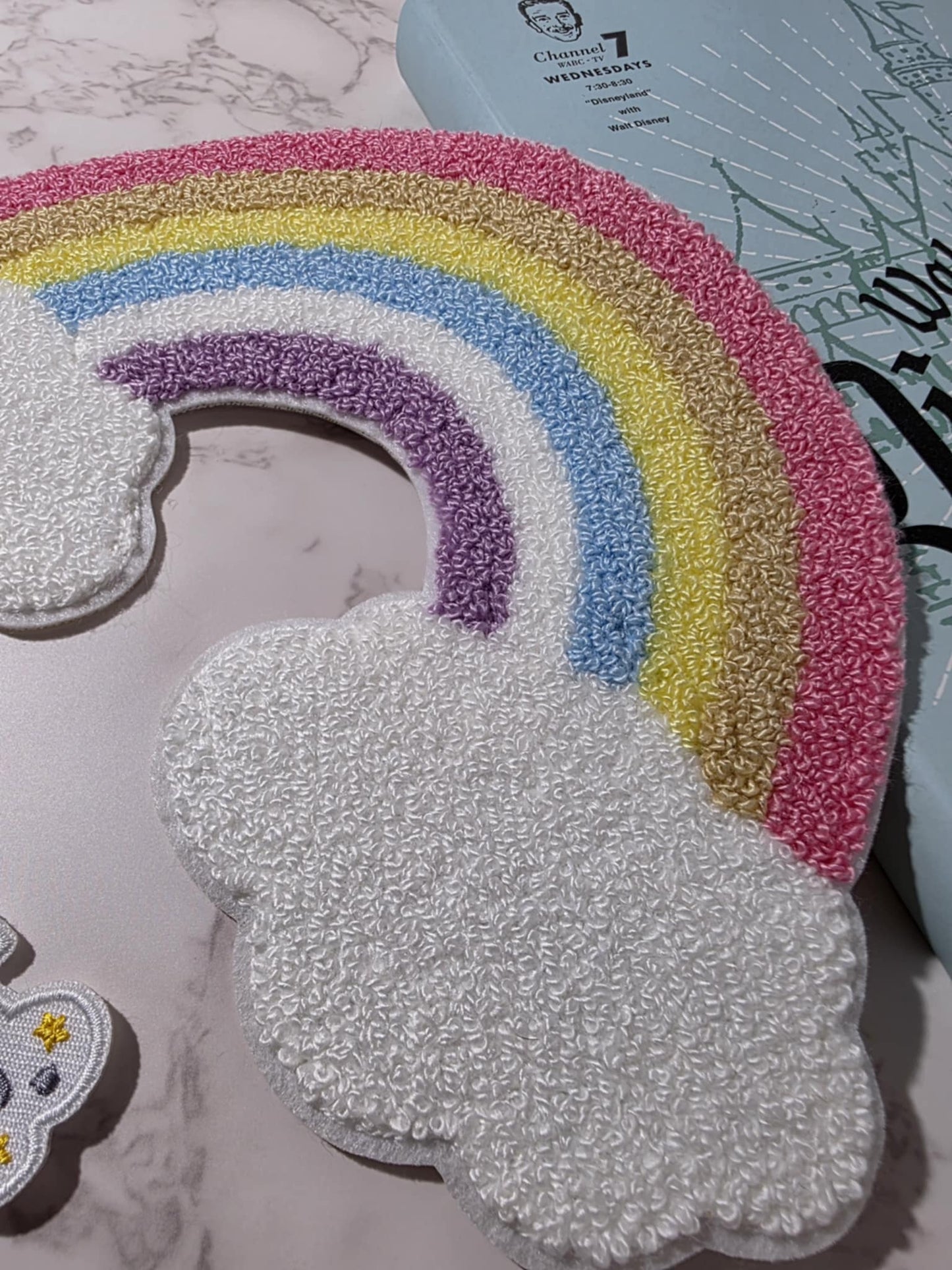 CLEARANCE - XL 8" Happiest Park Chenille Fuzzy Pastel Rainbow with Clouds Iron On Patch