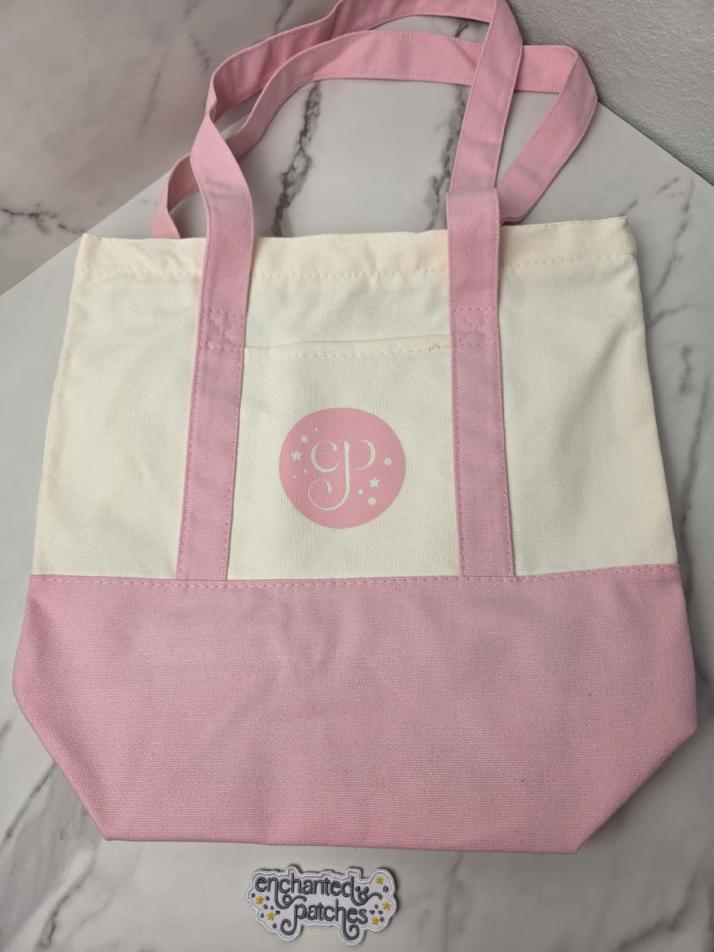 Medium BLANK PINK 14" x 11" Enchanted Patches Logo Zipper Canvas Tote -- Perfect Grocery/Everyday Bag