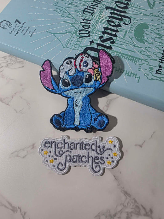 3" Blue Alien Stitch with Scrump Bestie on Head Embroidered Iron On Patch
