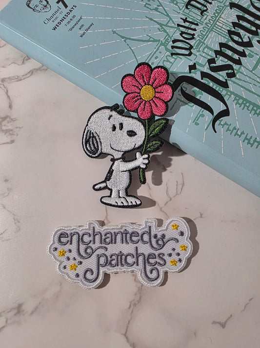 3" Beagle Dog with Pink Flower Embroidered Iron On Patch