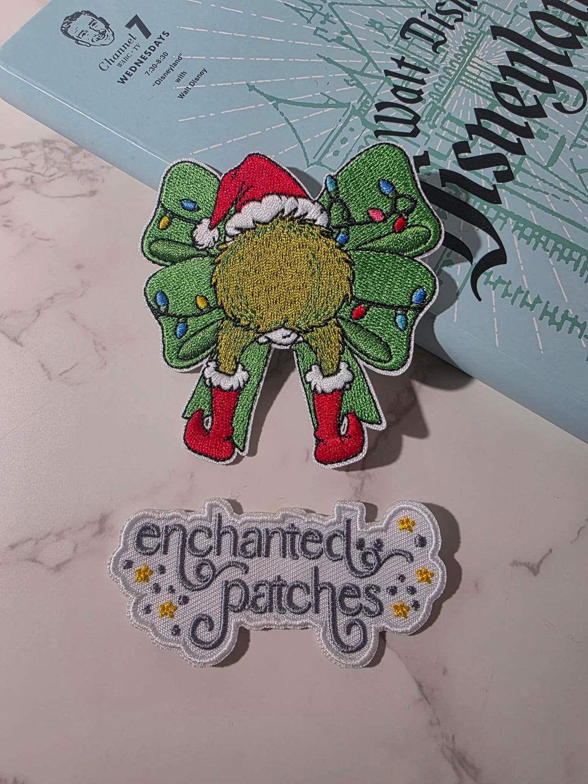 NEW DROP - 4" Grinch Christmas Butt inside Bow and Lights Embroidered Iron On Patch