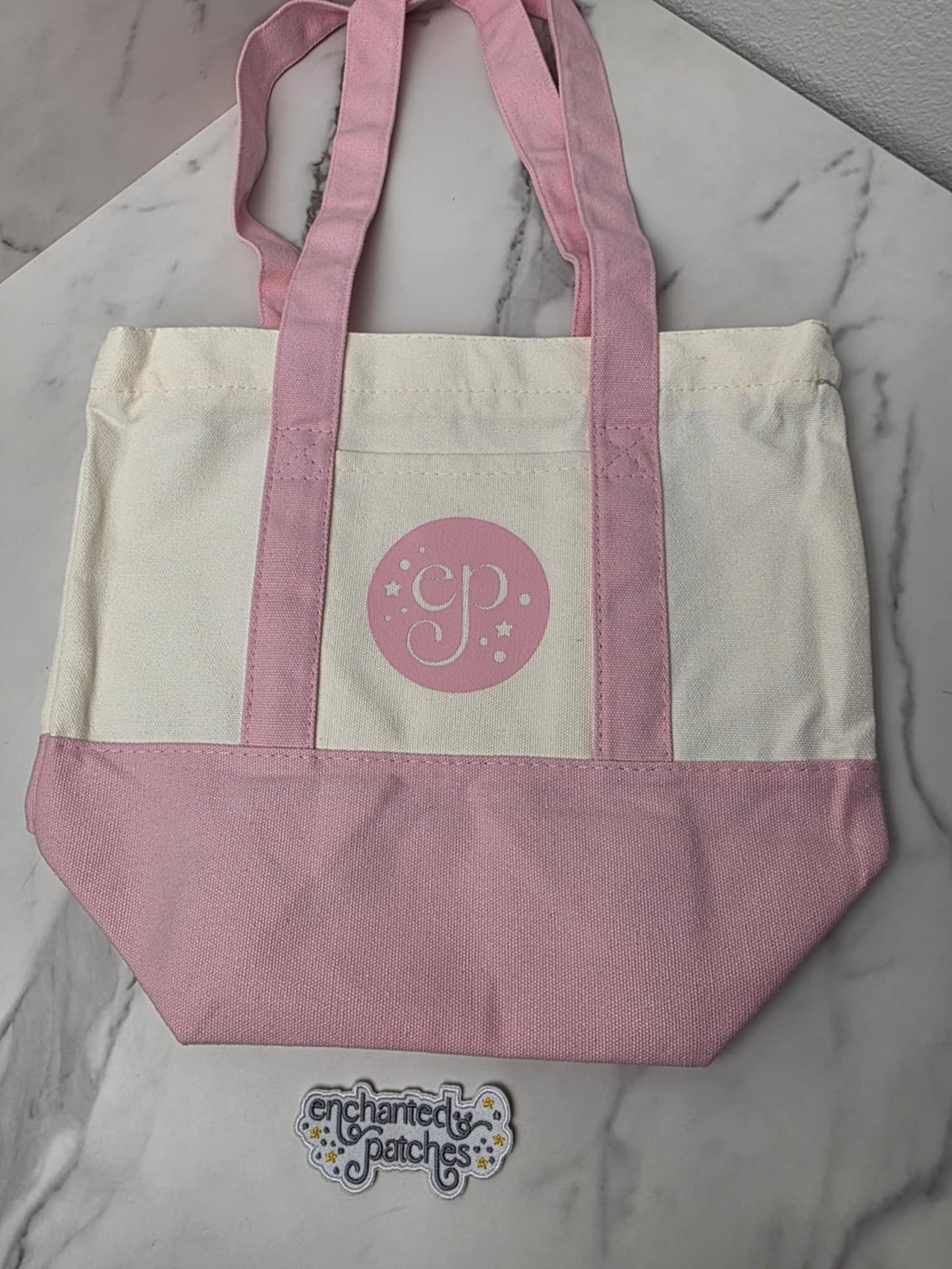 Small PINK 13" x 8" Enchanted Patches Logo Zipper Canvas Tote -- Perfect Grocery/Everyday Bag
