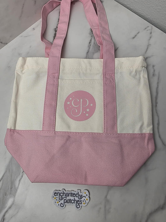 Small PINK 13" x 8" Enchanted Patches Logo Zipper Canvas Tote -- Perfect Grocery/Everyday Bag