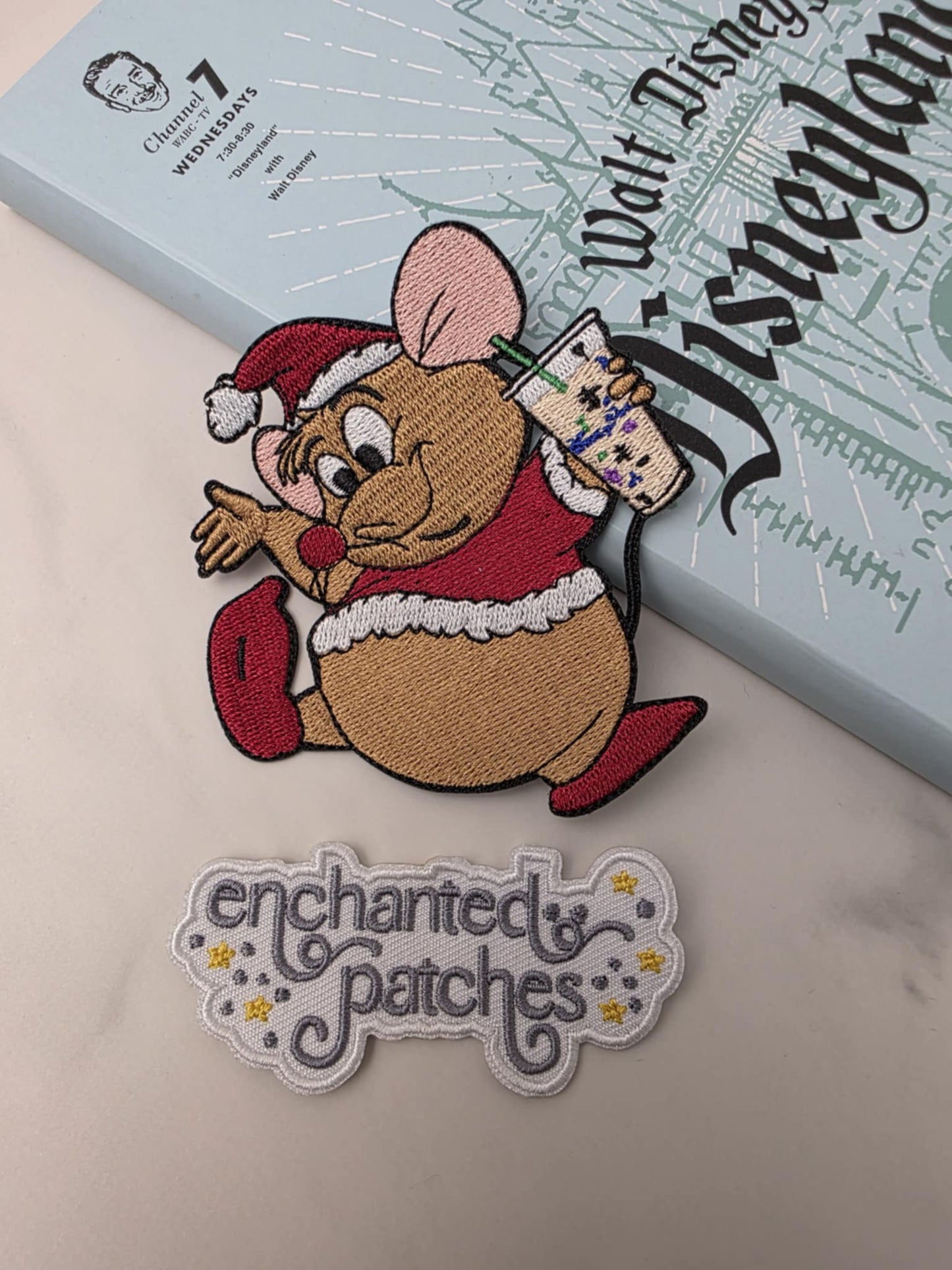 3.5" Christmas Santa Glass Slipper Mouse Sidekick Iced Coffee Iron On Patch