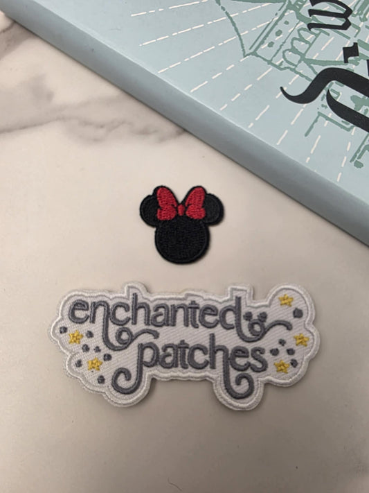 1" Mini Solid Black Girl Mouse Head Classic with Red Bow Embroidered Iron On Patch