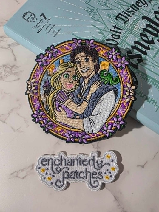 4" Long Hair Princess and Prince Circle Frame Embroidered Iron On Patch
