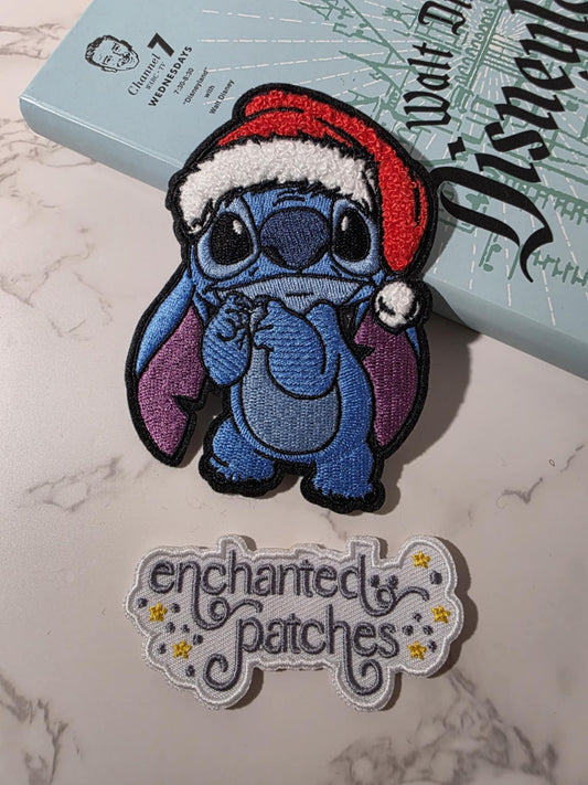 4" Blue Alien Chenille Santa Hat Christmas Embroidered Iron On Patch
