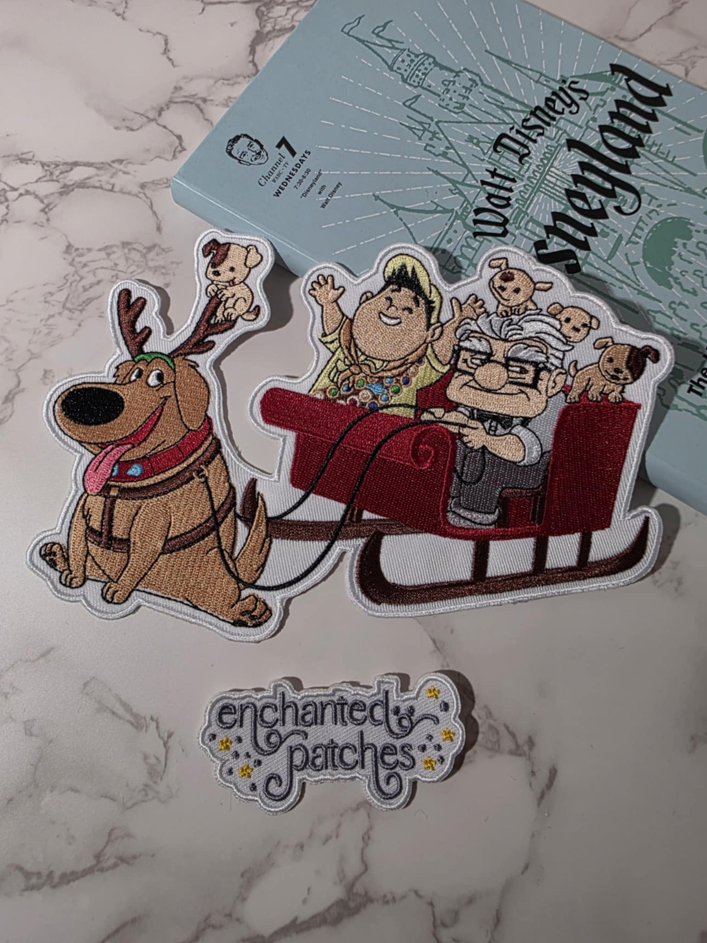 XL 8" Balloon House Wilderness Explorer Boy Dog Santa Sled Embroidered Iron On Patch