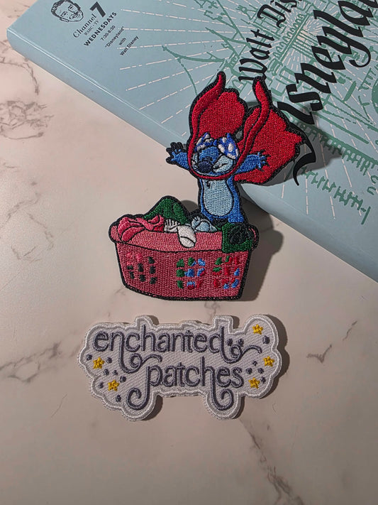 3.5" Blue Alien Stitch with Bra on Head and Laundry Basket Embroidered Iron On Patch