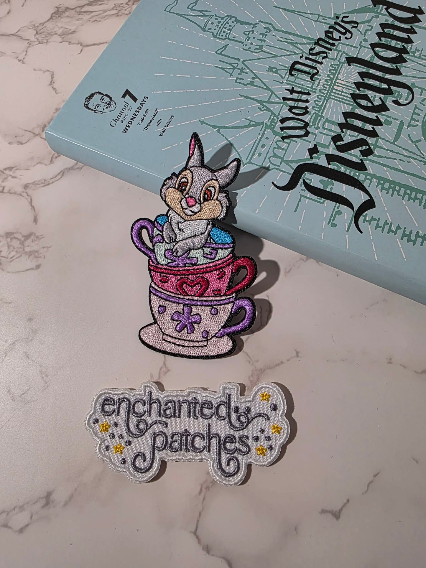 3.5" Bestie Rabbit of Happiest Deer in Stacked Teacups Embroidered Iron On Patch