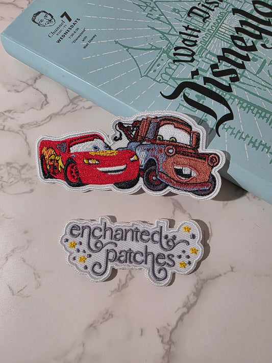4" Red Race Car and Tow Cars BFF Bestie Embroidered Iron On Patch