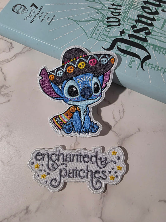 3" Blue Alien Sugar Skull Day of the Dead Embroidered Iron On Patch