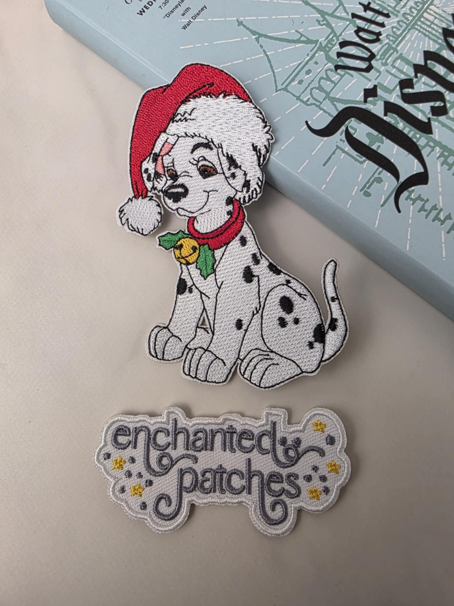 4" Happiest Park Dalmatian Christmas Puppy Santa Hat Embroidered Iron On Patch