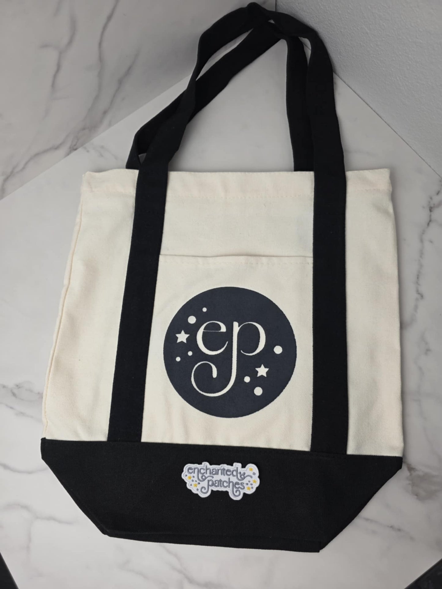 Medium BLANK BLACK 14" x 13" Enchanted Patches Logo Zipper Canvas Tote -- Perfect Grocery/Everyday Bag