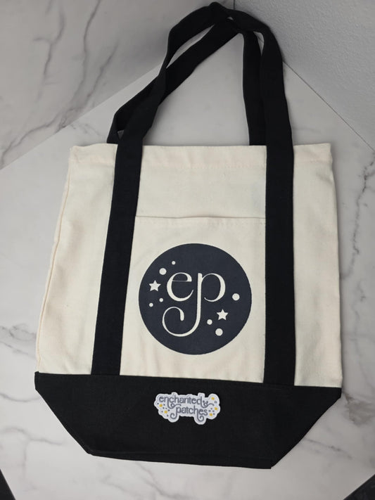 Medium BLANK BLACK 14" x 13" Enchanted Patches Logo Zipper Canvas Tote -- Perfect Grocery/Everyday Bag