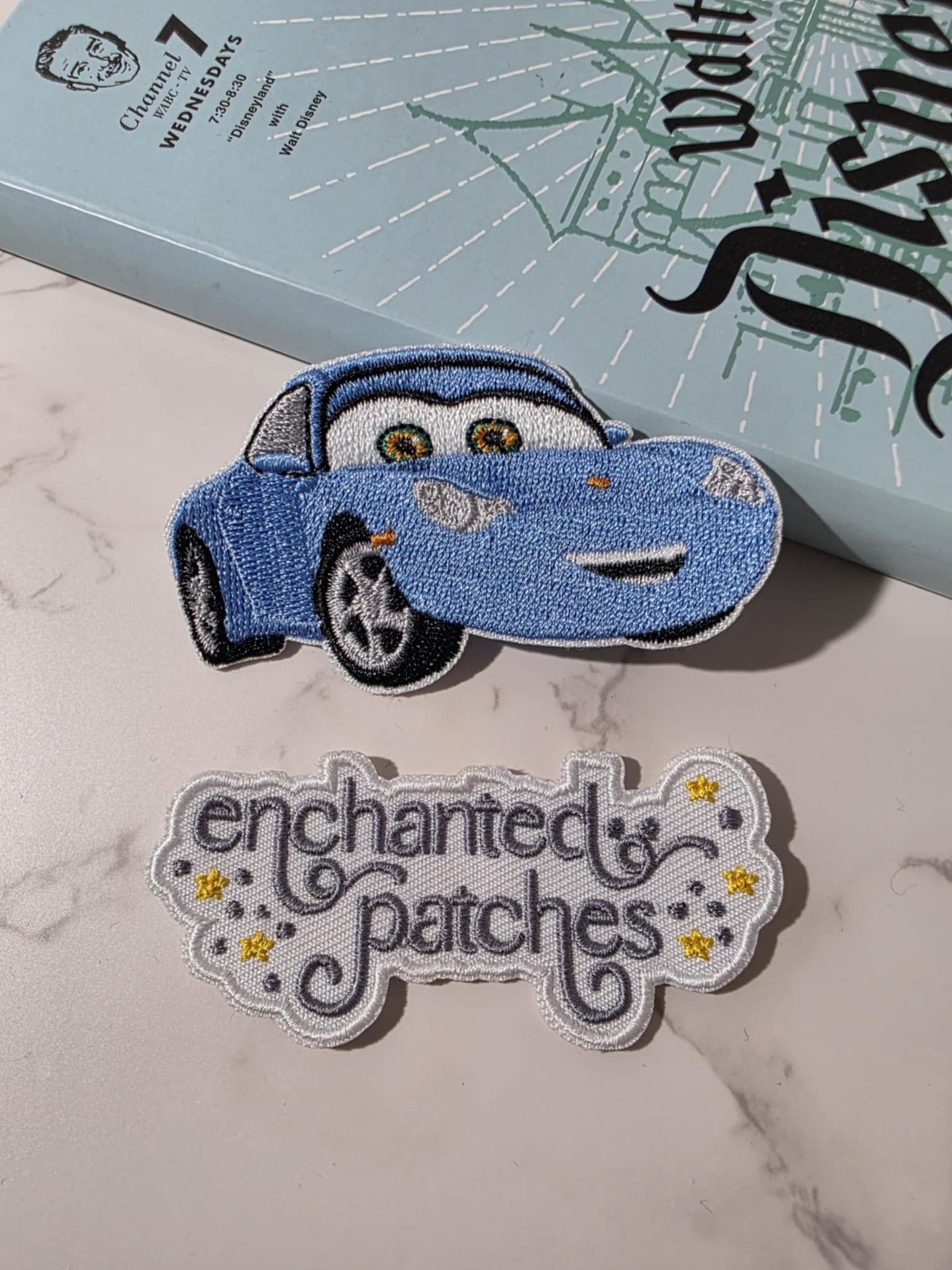 3" Pastel Blue Girl Race Car Sally Embroidered Iron On Patch