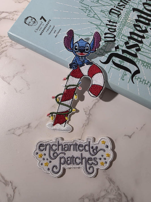 4" Blue Alien on Christmas Candy Cane Embroidered Iron On Patch